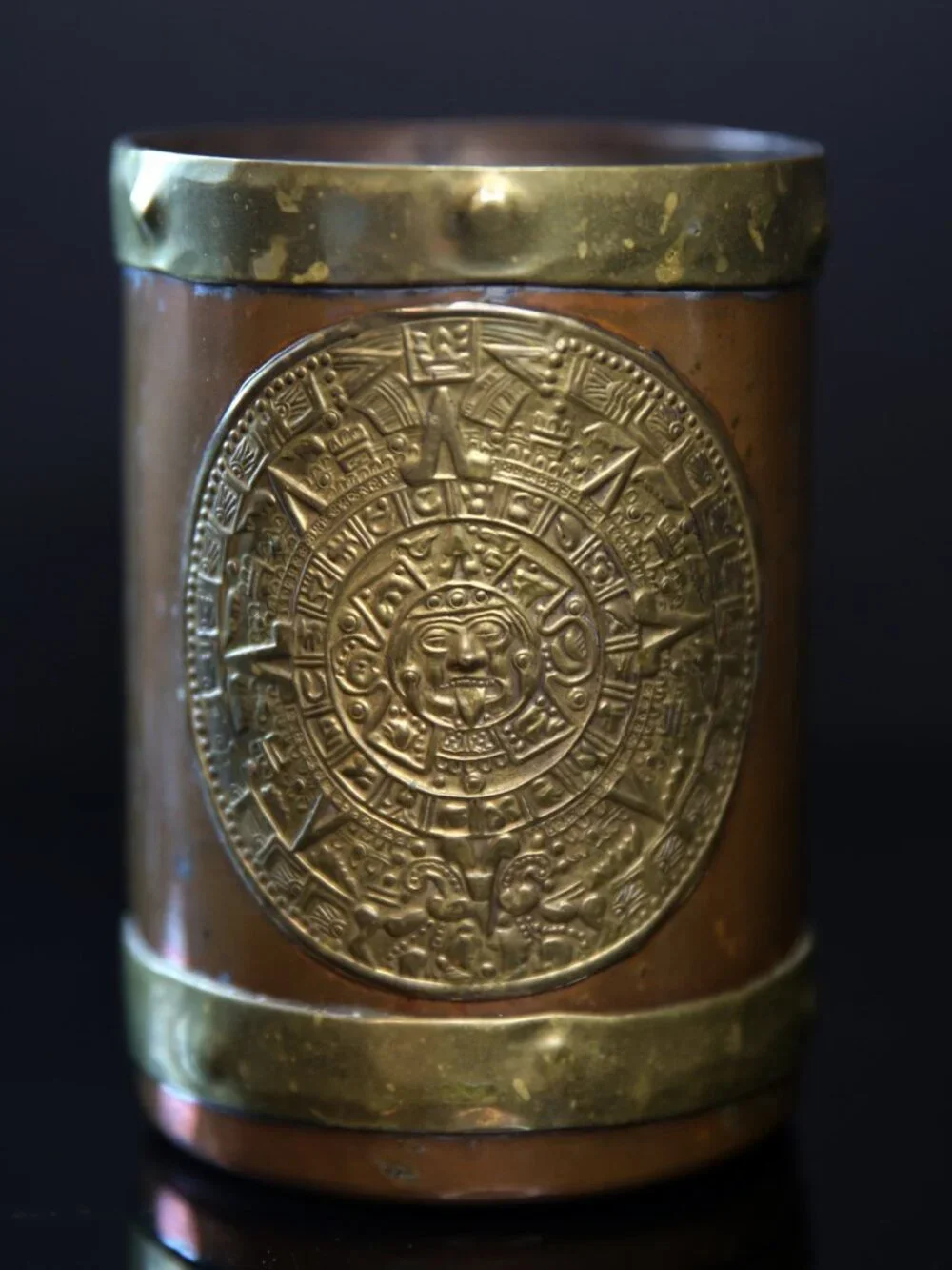 Vintage Brass Copper Mug with Mayan Calendar, Aztec Mexican Cup with Emblem
